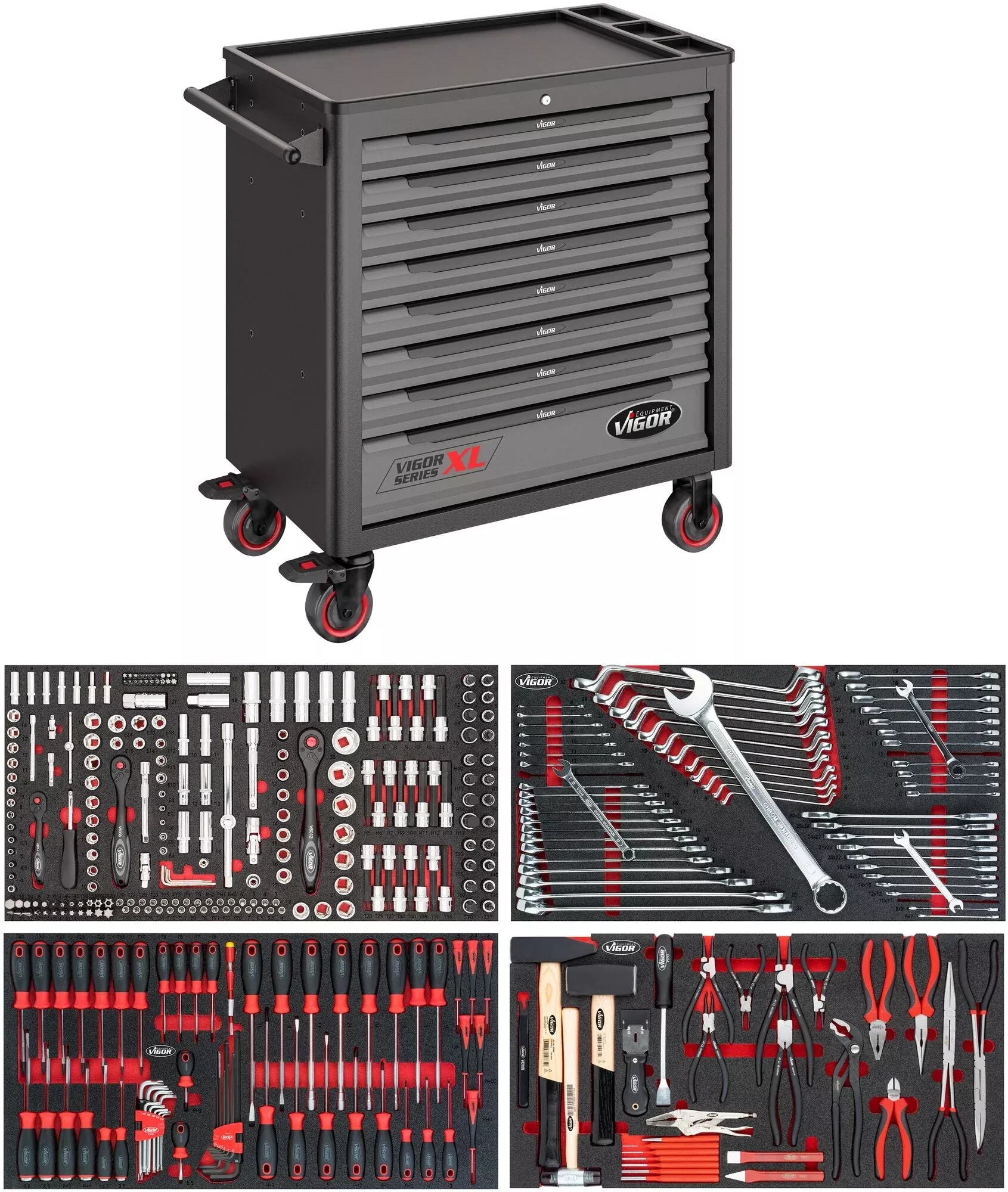 Vigor 375 Piece Tool Trolley Series XL Plastic Worktop with Assortment V4542